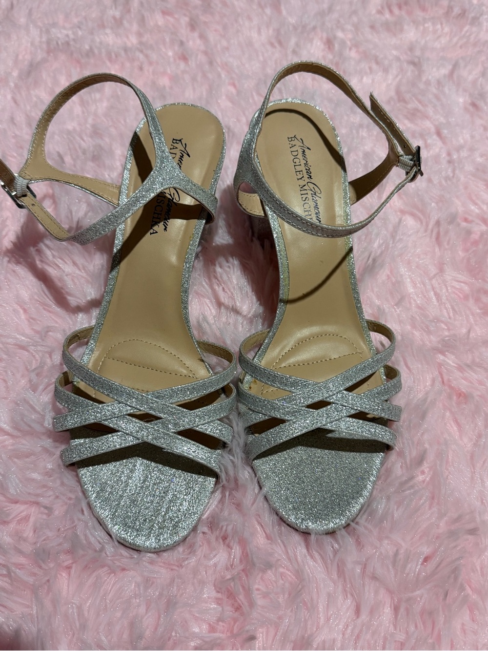 Badgley Mischka Silver Sparkle Strappy Heels